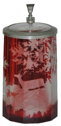 Ruby & Wheel-Cut Stag in Forest Blown Glass Stein: Blown Glass 1/2L. Ruby stained and wheel-cut stag in forest scene. Inlay lid. Mint.