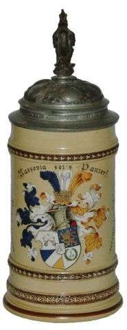 Dueling Fraternal Student Shield Mettlach Stein: Mettlach #280 POG 1/2L. Dueling fraternal shield.