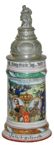 15 Inft 9 Comp Neuburg Regimental Stein: Regimental Stein 1/2L Porcelain. “Kgl Bayr 15 Inft. Regt. Konig Friedr. Aug. Sachs. 9. Comp. Neuburg 1908-10, Jacob Schnell.” Four side scenes. Rear roster. Wounded soldier finial. Mint.