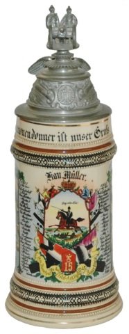 4 Batt Feld Art No 15 Saarburg Regimental Stein: Regimental Stein 1/2L Pottery. “4 Batt. Feld Art. Regt. No 15 Saarburg 1901-1903, Kan. Muller.” Two side scenes. Front roster. Crew top cannon finial. Mint.
