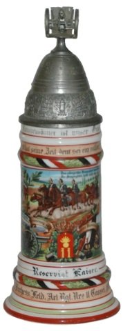 Kurhess Feld Art Nr 11 Cassel Regimental Stein: Regimental Stein 1/2L Porcelain. “2. Battr. 1. Kurhess Feld Art. Rgt. Nr. 11 Cassel 1907-09, Reservist Kaiser.” Four side scenes.