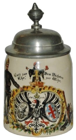4F & Fireman Shields Munich Child Stein: Pottery POG 1/2L. 4F and fireman shields beneath Munich Child. Fireman stands on side. Mint.