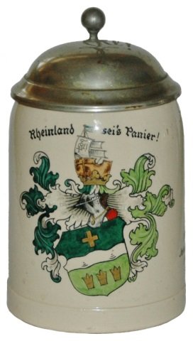 Student Shield Rheinland sei Panier Stein & Lid: Pottery POG 1/2L. Student shield. “Rheinland sei’s Panier!” Student insignia engraved on lid. Mint.