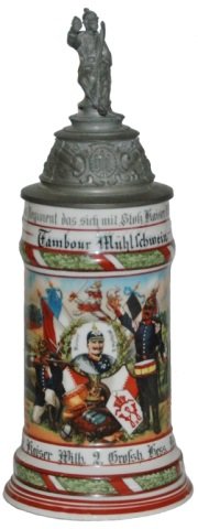 Inft Nr 116 Glessen Regimental Stein: Regimental Stein 1/2L Porcelain. “12. Comp. Inft. Rgt. Kaiser Wilh. 2. Grossh. Hess. Nr. 116 Giessen 1906-1908, Tambour Muhlschwein.” Two side scenes. Rear roster. Mint.