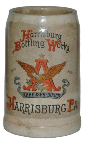 Anheuser Busch Harrisburgh Bottling Works Stein: Stoneware POG 1/2L. “Harrisburg Bottling Works, Anheuser Busch, Harrisburg, PA.” Never had lid.