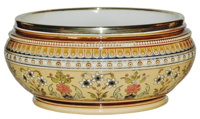 Mettlach Mosaic Bowl w HTF Original Utensils: Mettlach #1322 Mosaic 9" wide by 4" tall Bowl. Comes with hard to find original utensils. Mint.