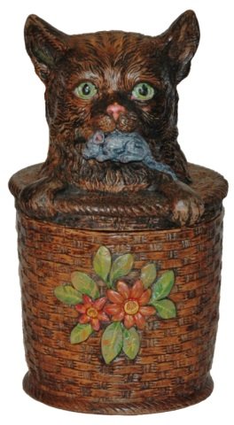 Cat & Mouse Teracotta Tobacco Jar Jon Maresch: JM Terra Cotta Tobacco Jar. Cat with mouse in mouth in basket. Normal wear.
