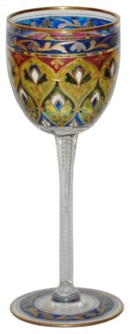 Transparent Wheel-Cut Fritz Heckert Goblet: Blown Glass 8” Goblet. Fritz Heckert. Transparent enamel with wheel-cut borders inset with gold. Facet cut stem. Mint.
