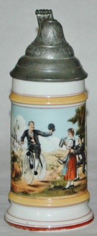 Man on Bicycle w a Woman Porcelain Stein: Porcelain POG 1/2L. Woman greets man riding on bicycle. Normal wear.