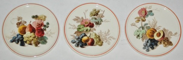Lot of 3 Mettlach Coasters w Fruit Design: Group of Three Mettlach PUG 3 1/4” Coasters. Fruit designs. Mint.