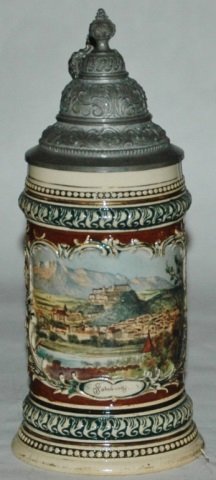 Salzburg Pottery City Scene Stein: Pottery POG 3/10L. Salzburg city scene. Mint.