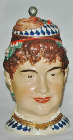 Bavarian Waitress Character Stein: Character Stein 1/2L Pottery. Bavarian waitress. Modern. Mint.