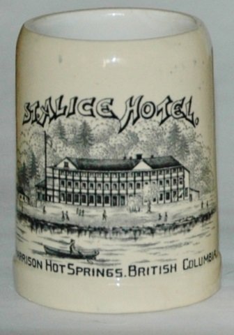 Mettlach Souvenir St Alice Hotel Canada Stein: Mettlach #1909 PUG 1/4L. St Alice Hotel, Harrison Hot Springs, British Columbia. Mint. Black coloring.