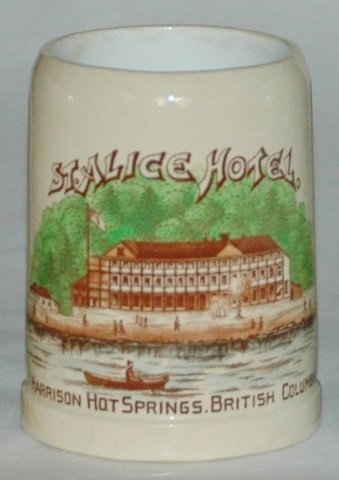Mettlach ColorSouvenir St Alice Hotel Canada Stein: Mettlach #1909 PUG 1/4L. St Alice Hotel, Harrison Hot Springs, British Columbia. Full color. Mint.