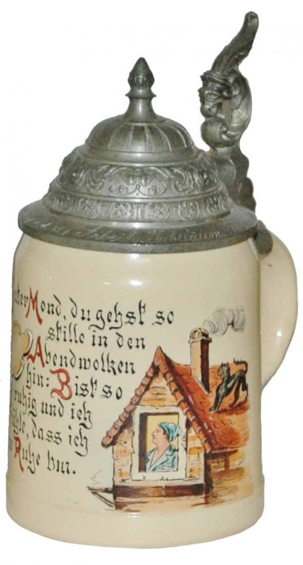 Black Cat on Roof Mettlach Van Hauten Stein: Mettlach #1526 POG 1/2L. Black cat on roof and verse. Van Hauten. Mint.