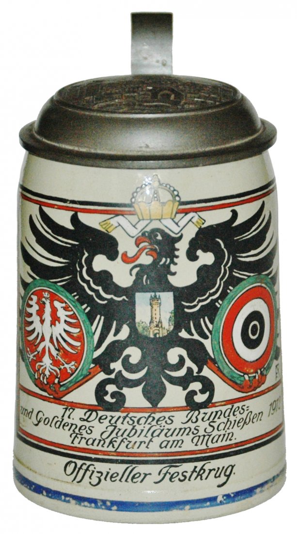 Eagle Target & Shield Signed Franz Ringer Stein: Stoneware POG 1/2L. "17 Deutsches Bundes und Goldenes Jubilaums Schliessen 1912 Frankfurt am Main." Eagle, target and shield signed Franz Ringer.