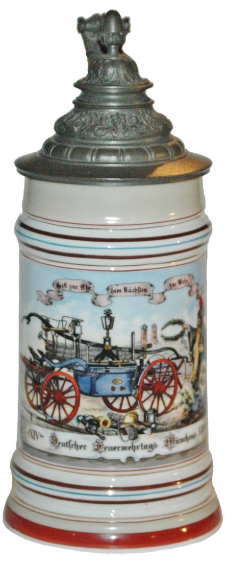 1893 Stein Shows Early Munich Fire Truck Wagon: Porcelain POG 1L. "XIV Deutscher Feuerwehrtag Munchen 1893." Early fire truck wagon. Litho. Mint.
