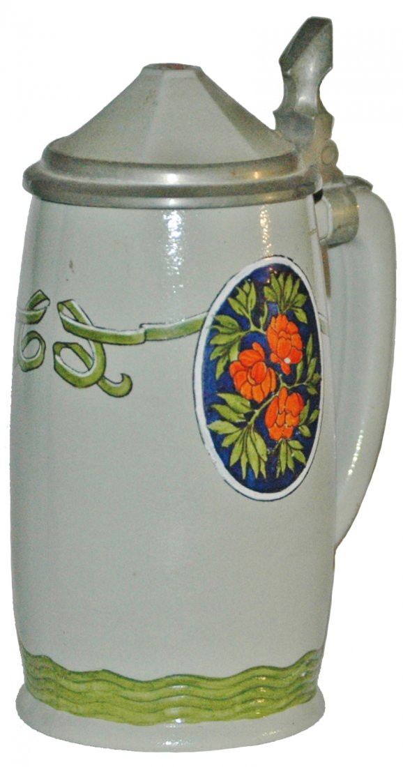 Floral Panels & Ribbons Mettlach Bavaria Stein: Mettlach Bavaria #3078/418 POG 1/2L. Floral panels. Inlay lid. Mint.