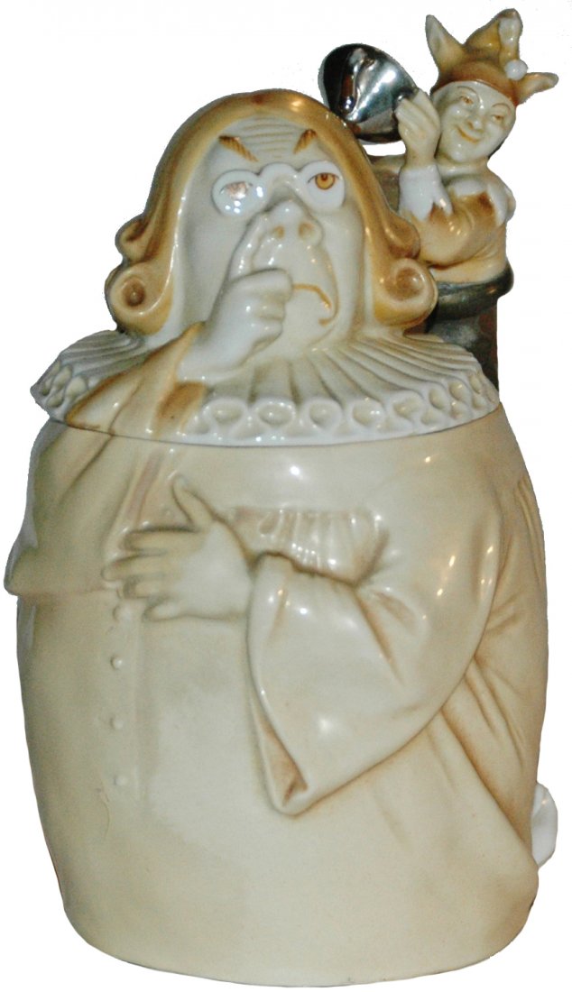 Schierholz Nurnberg Judge & Jester Character Stein: Character Stein 1/2L Schierholz Porcelain. Nurnberg judge has jester fill his head.