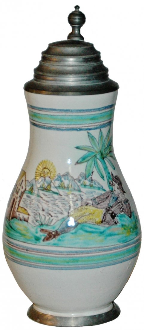Gmunden Faience Circa 1800 Man & Palm Tree Stein: Faience Stein 1L Gmunden Factory. Man reclining by palm tree as sun comes up. Circa 1800. Very good condition.