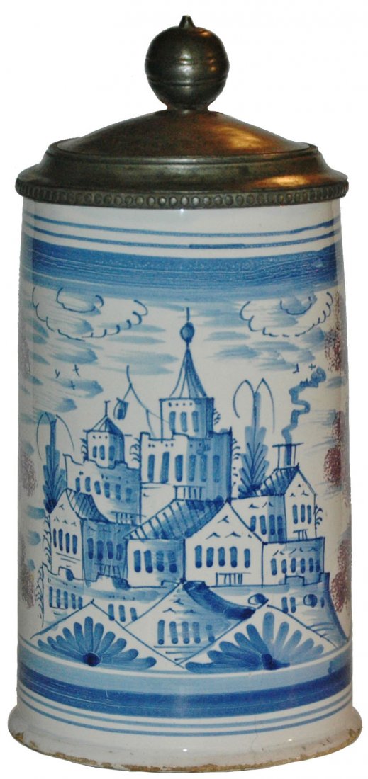 1 L Bayreuth Faience Circa 1780 Townscape Stein: Faience Stein 1L Bayreuth Factory. Houses. Base marked "BK". Circa 1780. From the Student Prince Collection, Springfield MA.