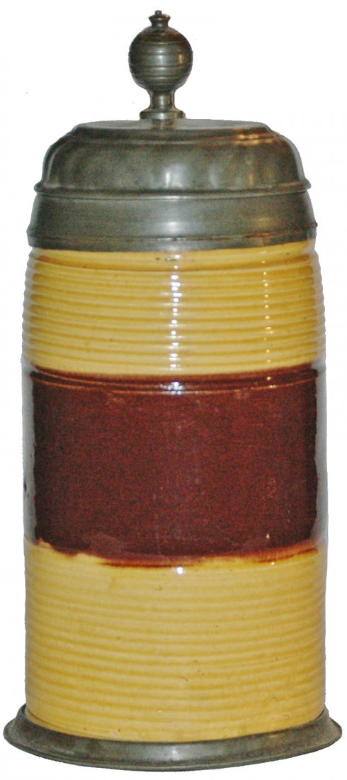 1795 Rochlitz Lunzenau Hafnerware 1L Stein: Hafnerware Stein 1L Rochlitz Lunzenau Factory. Two color grooved body. Lid dated 1795. Very good condition. From the Student Prince Collection Springfield MA.