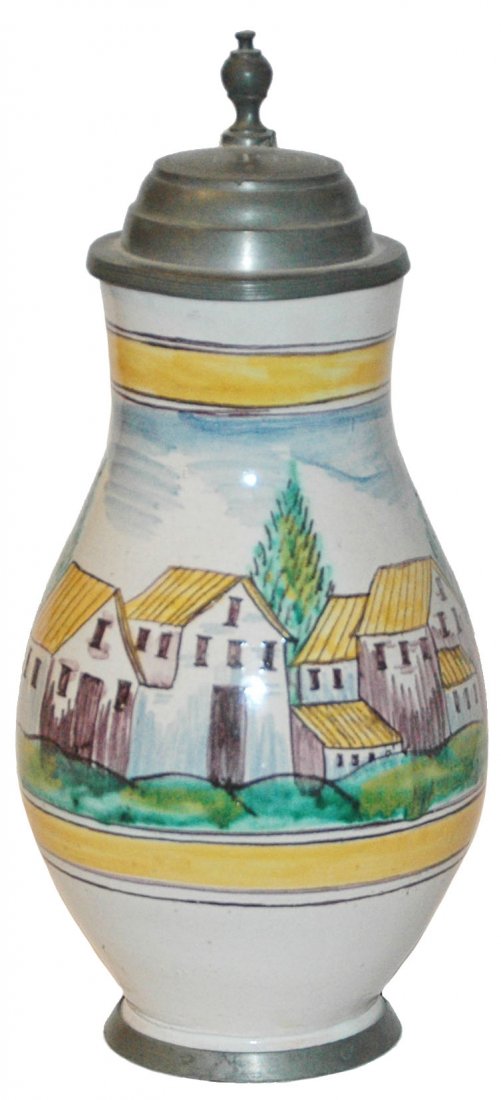 Gmunden Faience Circa 1800 Building Scene Stein: Faience Stein 1L Gmunden Factory. Building scenes. Circa 1800. Very good condition.