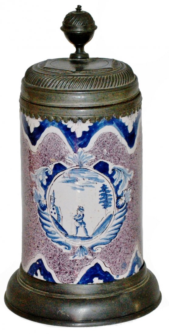 Braunschweig Faience Fancy Pewter 1L Stein: Faience Stein 1L Braunschweig Factory. Man views house. Fancy pewter mount with later base rim.