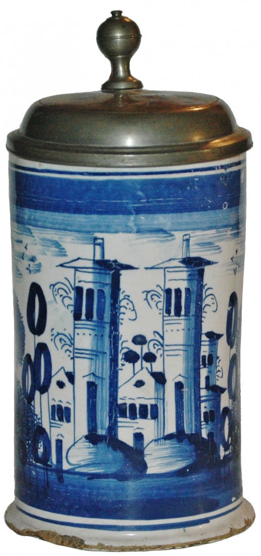 Nurnberg Faience Circa 1760 House 1L Stein: Faience Stein 1L Nurnberg Factory. House and floral. Circa 1760.