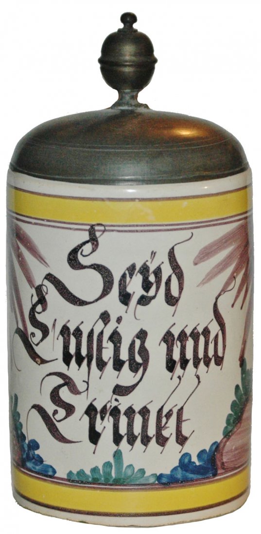 Hannover Munden Faience Circa 1800 Palm Stein: Faience Stein 1L Hannover Munden Factory. Verse and palm trees. Circa 1800. Very good condition.