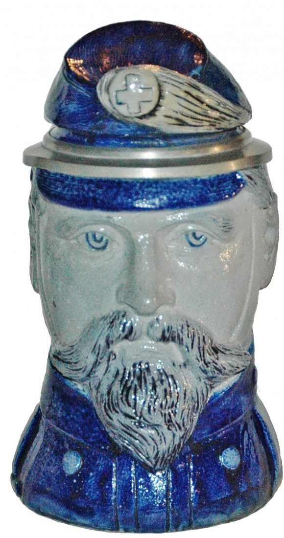 Swiss Soldier Head LBC Stoneware Character Stein: Character Stein 1/2L Stoneware LBC. Swiss soldier head. Mint.