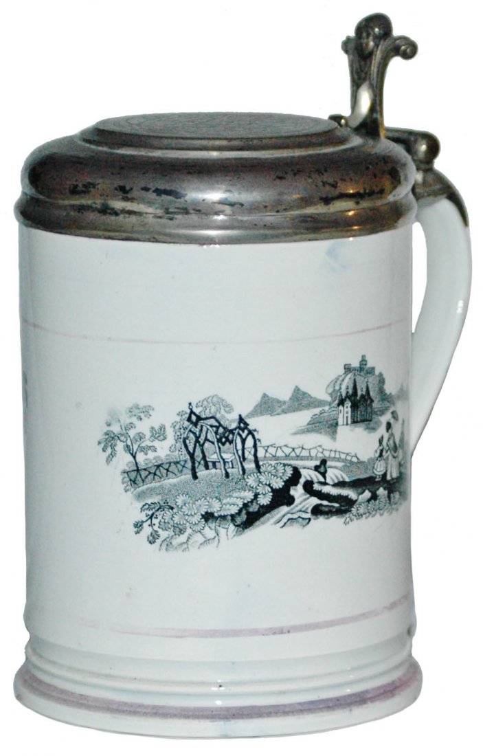 Silver Lid Creamware Stein w Countryside & Castle: English Creamware PUG 1L. Family in countryside with castle in background. Engraved initials on silver lid.