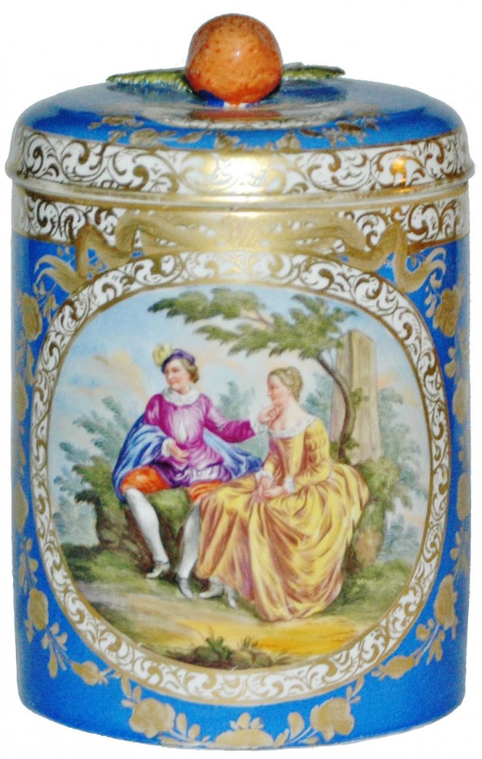 Meissen Hand Painted Couple 1L Stein w Matched Lid: Porcelain Meissen Hand Painted 1L. Early dressed couple. Incised crossed swords. Matching painted porcelain lid with figural strawberry finial. Brass mount. Mint.