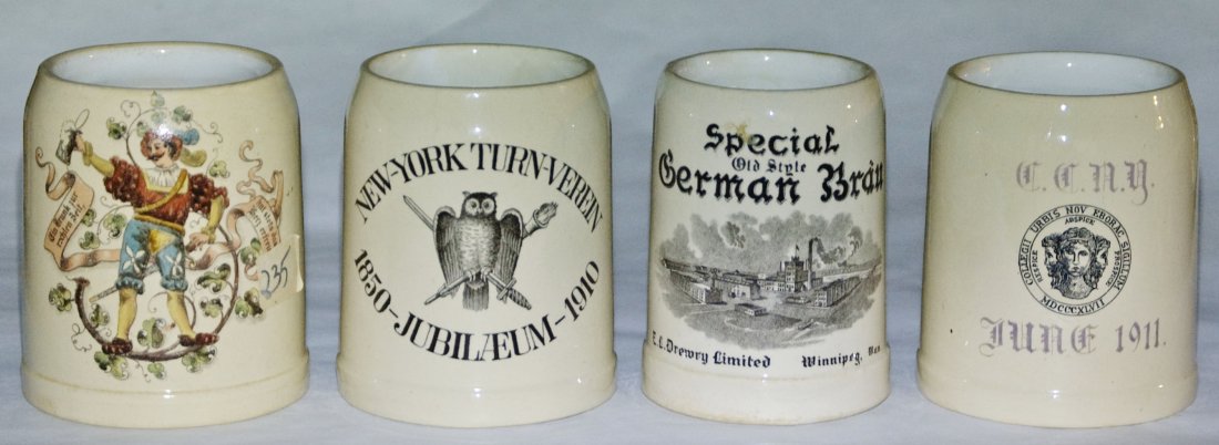 Lot of 4 Mettlach Cavalier Turn Verein Adv College: Group of Four Mettlach Mugs. 1) #1526 POG 4/10L. Cavalier Mint. 2) #1526 PUG 4/10L. "New York Turn-Verein 1850-1910." Mint. 3) #1909 PUG 1/4L. Special German Brau, Winnipeg, Man. Mint. 4) #1526 POG 4/