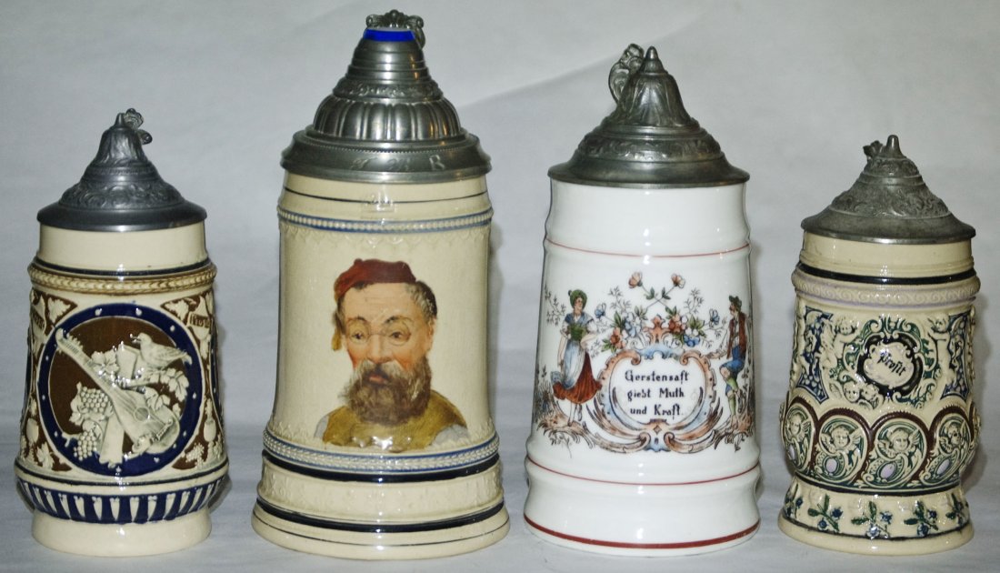 Lot of 4 Steins- Dwarfs Man Couple D & B Cherubs: Group of Four Steins. 1) Pottery Relief 3/10L. Mandolin and grapes. Dwarfs on sides. Mint. 2) Pottery POG 1/2L. Bearded man. Small glass inlay to tip of lid. Mint. 3) Porcelain POG 1/2L. Couple, flora