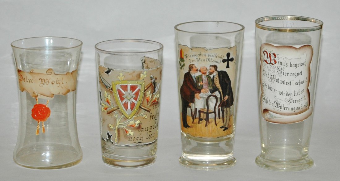 Lot of 4 Glass Tumblers - Seal, Van Hauten, Cards: Group of Four Glass Tumblers. 1) Verse and seal. Mint. 2) Shield and verse. Van Hauten. Some gold loss. 3) Men play cards. Top rim flake. 4) Verse. Mint.