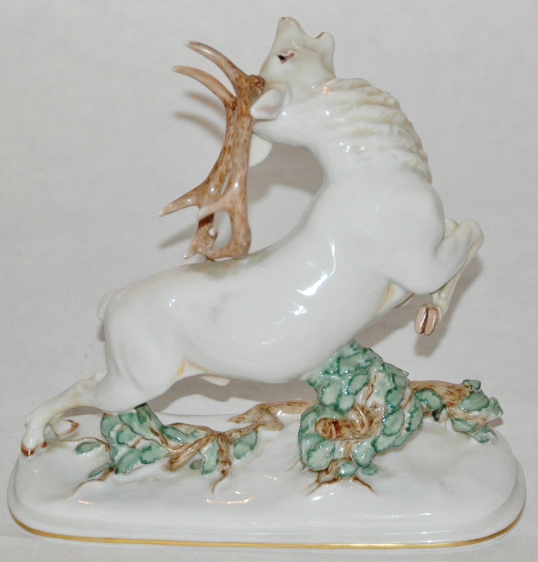 Leaping Stag w Antlers Vienna Porcelain: Vienna Porcelain Figure. Leaping stag with large antlers. 7" wide by 6" tall.Base marked Augarten Austria with crown over beehive. Mint.