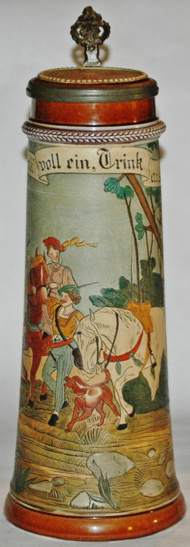Etched Men & Horses 1-1/2 L Stein w Inlay Lid: Pottery JW Remy #1224 Etched 1 1/2L. Men and horses. Inlay lid. Mint.
