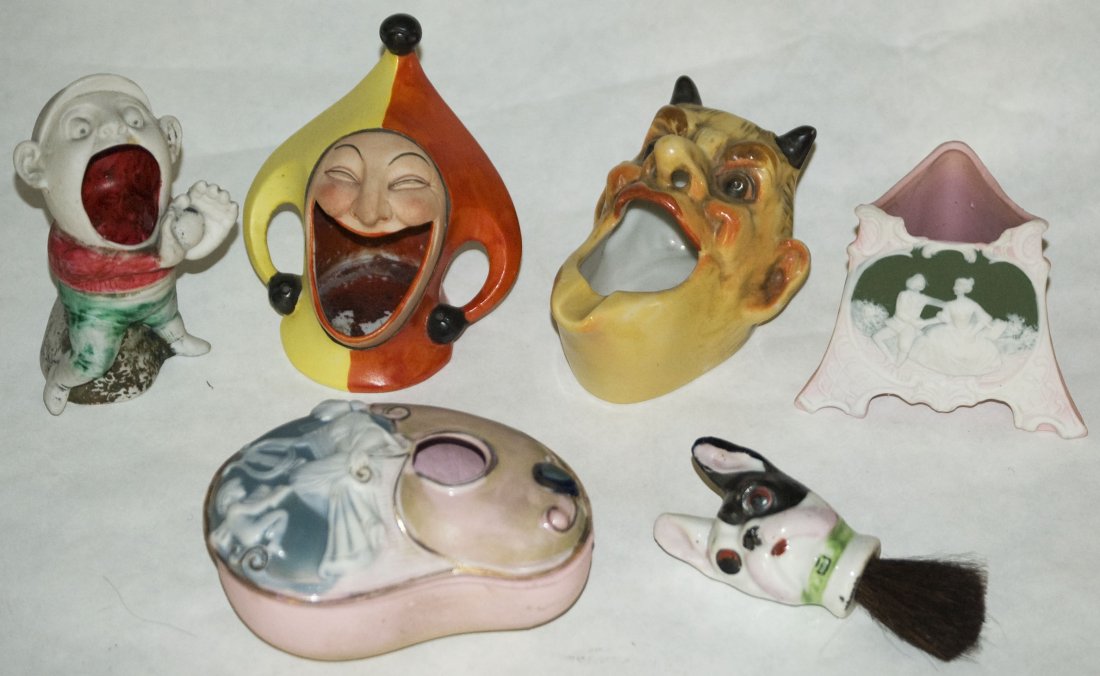 Group of six Schaefer & Vater, porcelain figures: Group of six porcelain figures. 1) Schaefer & Vater 2 3/4" mini jasperware vase. Base mark. Mint. 2) Figural 3 1/2" satan ashtray. Mint. 3) Schaefer & Vater 4" figural jester ashtray. Mint. 4) Schaefe