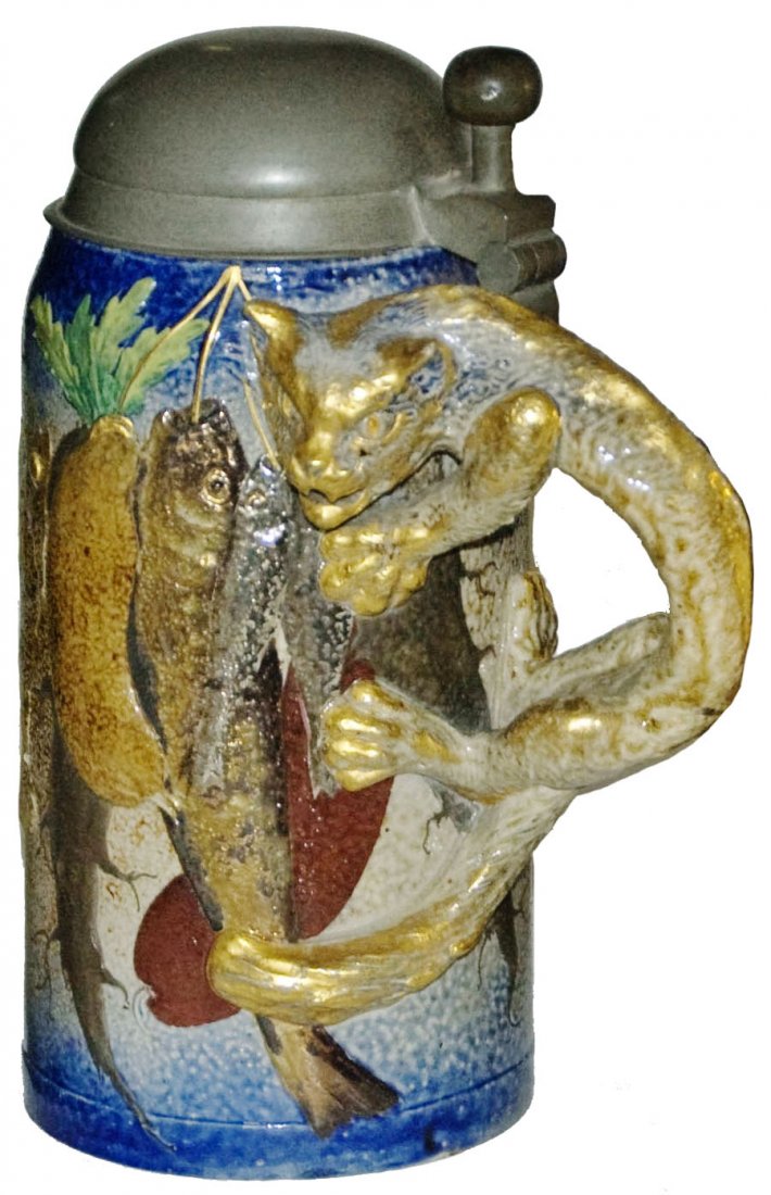 SarregueminesCat Handle Relief Fish Stein: Stoneware Sarreguemines #2668 Relief 1L. Hanging wurst, fish and radish. Figural cat handle. Mint.