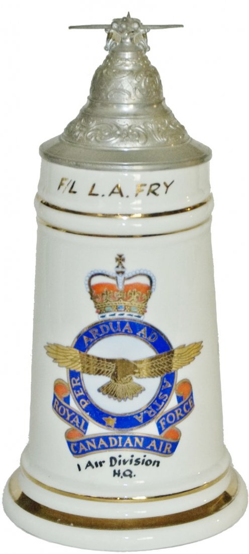 Canadian Cold War Regimental Air Division Stein: Canadian Cold War Regimental Stein 1/2L Porcelain. “1 Air Division HQ Metz, France 1960, F/L L.A. Fry.” Mint.