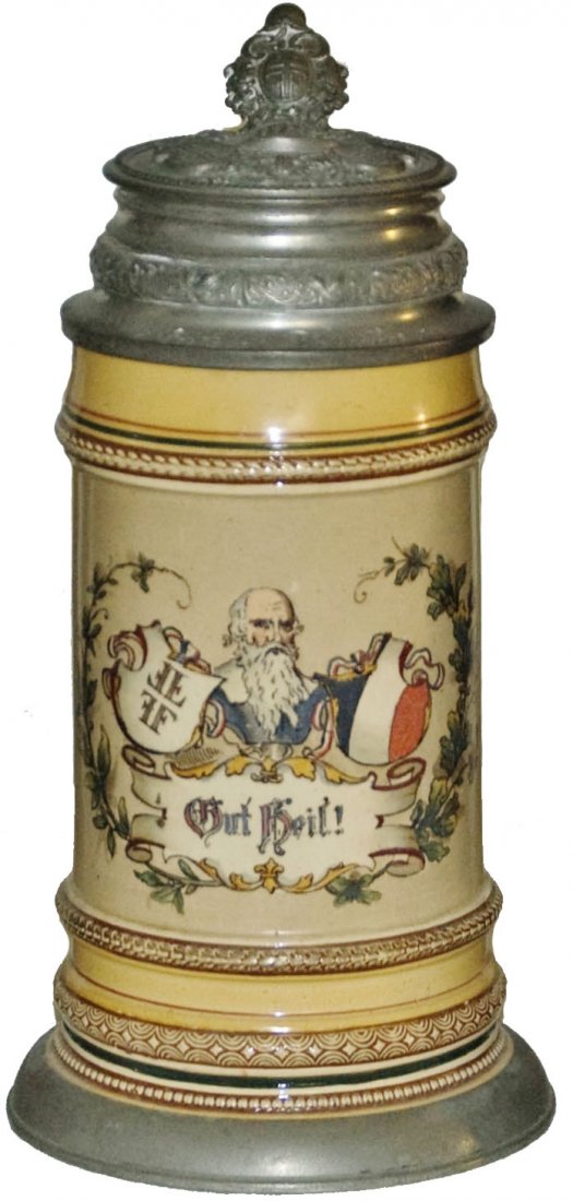 4F Father Jahn Fancy Lid Stein w Pewter Base Rim: Pottery #788 POG 1/2L. 4F Father Jahn. Fancy pewter relief 4F lid. Pewter base rim. Mint.