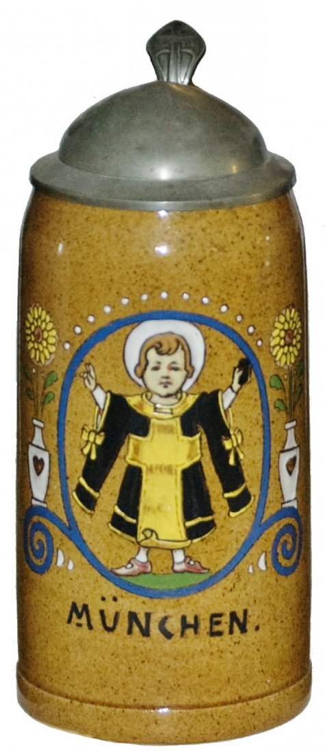 Munich Child & Floral Brown Glaze Stein: Pottery POG 1L. Munich Child and floral. Brown glazed body. Mint.