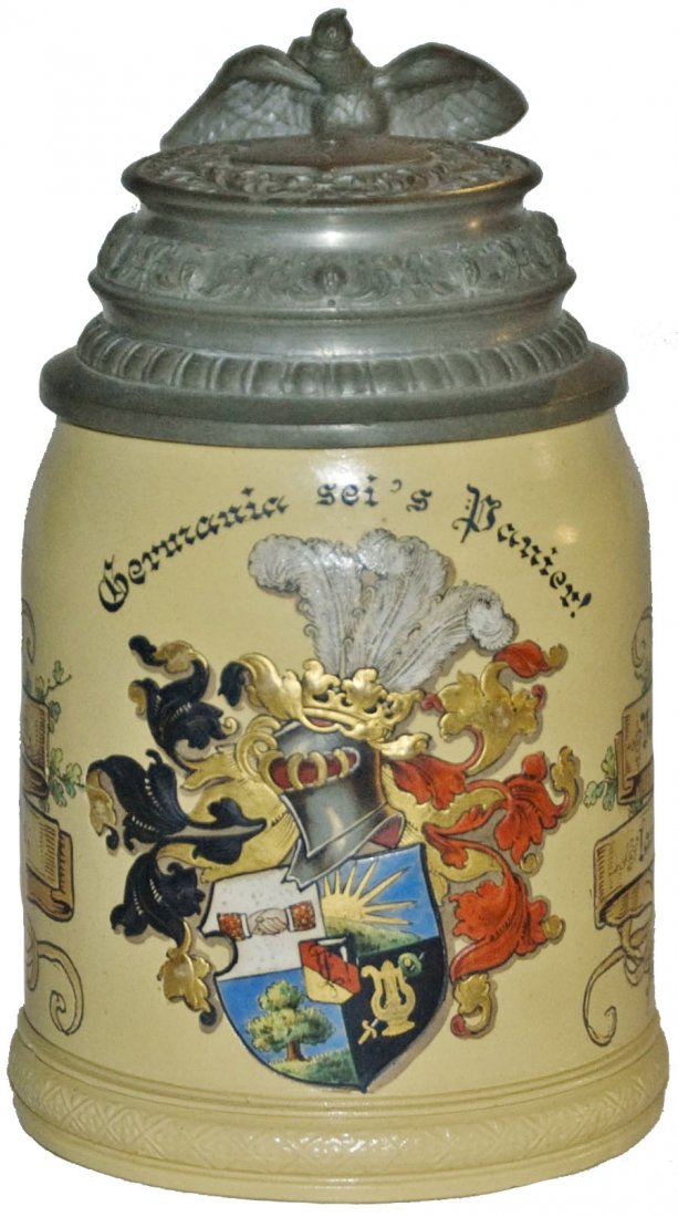 Student Shield and Fancy Relief Lid Mettlach Stein: Mettlach #522 POG & Etched 1/2L. Student shield. Fancy pewter relief student lid. Mint.