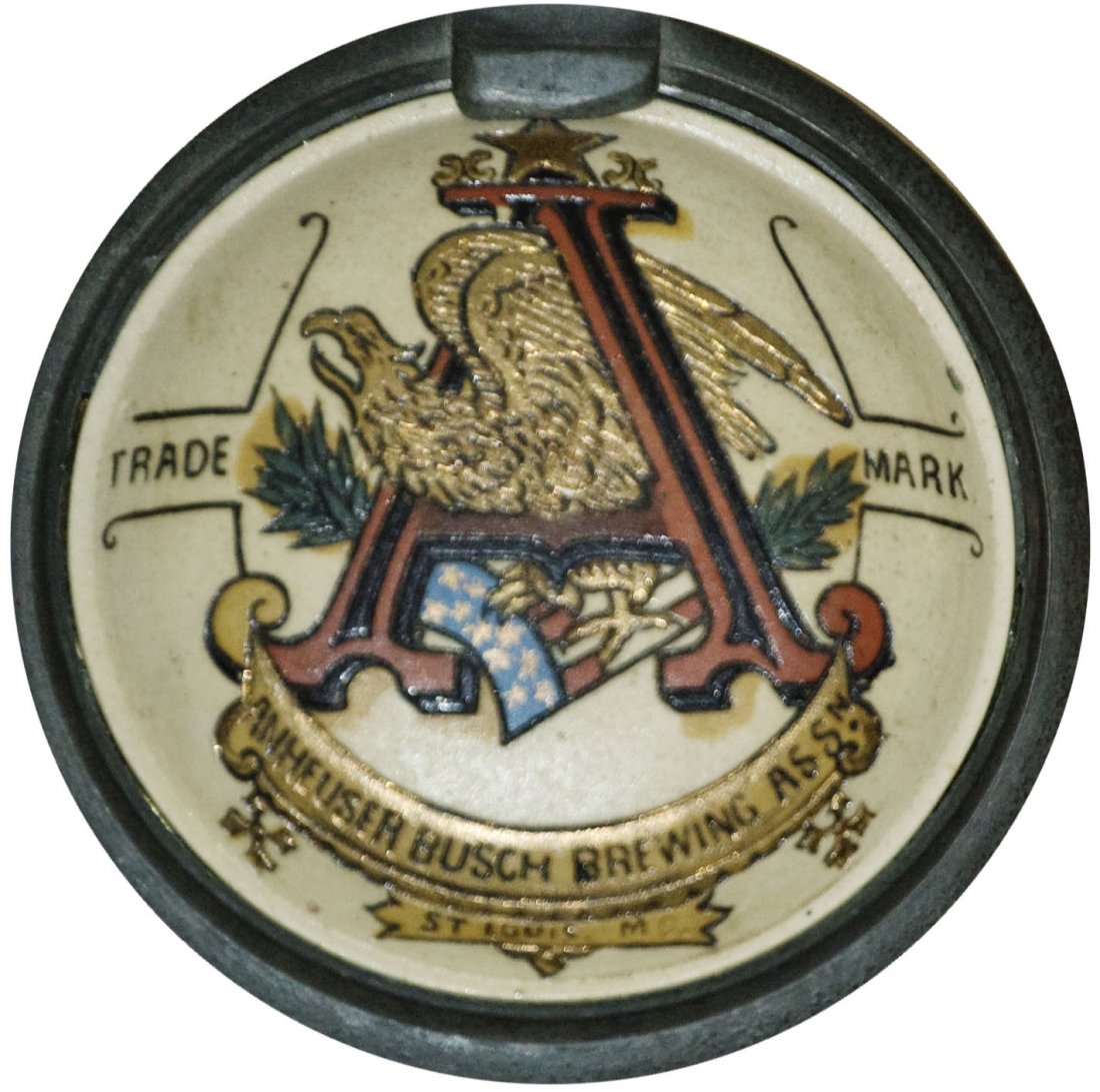 Mettlach Stein w Rare Anheuser Busch Inlay Lid: Mettlach #1968 Etched 1/4L. Loving couple. Rare Anheuser Busch inlay lid. Mint.
