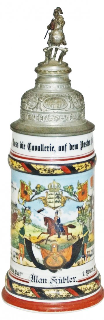 Ulan Regimental Wurtt N 19 2 Esk Wiblingen Stein: Regimental Stein 1/2L Porcelain. "Ulan Regt. Konig Karl 1. Wurtt. Nr. 19, 2. Esk Wiblingen 1901-1904, Ulan Kubler." Two side scenes. Rear roster. Saddle thumblift. Mint.