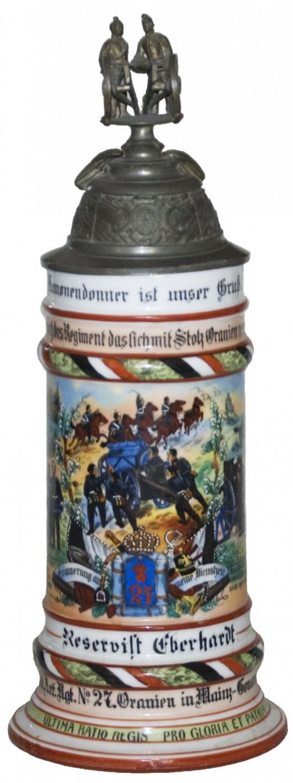 Feld Art No 27 Regimental w Crew Top Cannon Finial: Regimental Stein 1/2L Porcelain. “1. Batt. 1. Nass. Feld Art. Regt. No. 27. Oranien in Mainz Gonsenheim 1905-07, Reservist Eberhardt.” Two side scenes. rear roster. Crew top cannon finial. Mint.
