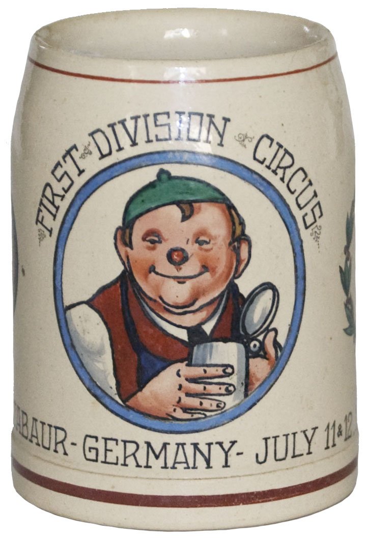 1st Division Circus1919 Clown Decoration Stein: Pottery POG 1/2L. "First Division Circus, Montabaur, Germany July 1919." No lid. Mint.