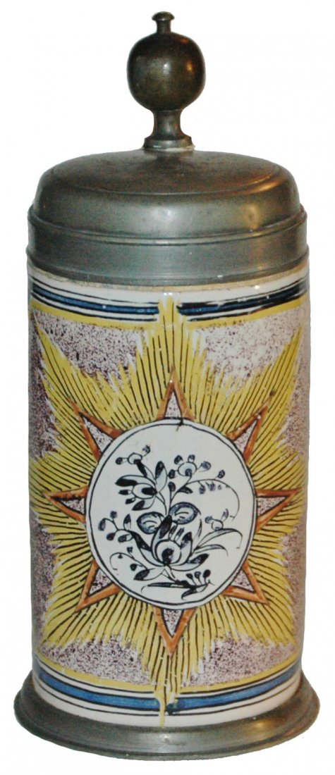 Erfurt Faience Stein Circa 1780 Floral Sunburst: Faience Stein 1/2L Erfurt Factory. Floral in large sunburst. Circa 1780.