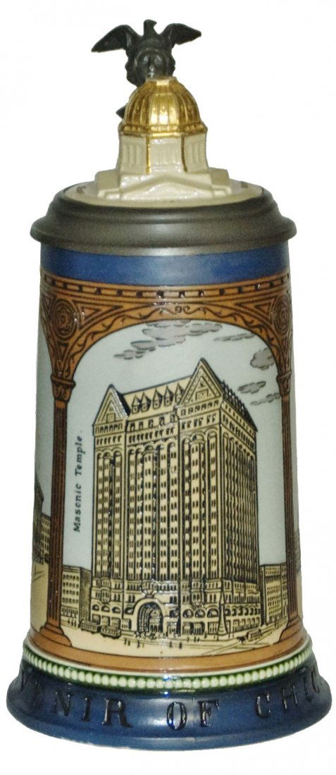 Chicago Building Scene Mettlach Stein Domed Inlay: Mettlach #3135 Etched 1/2L. Chicago building scenes. Post Office dome inlay lid. Mint.